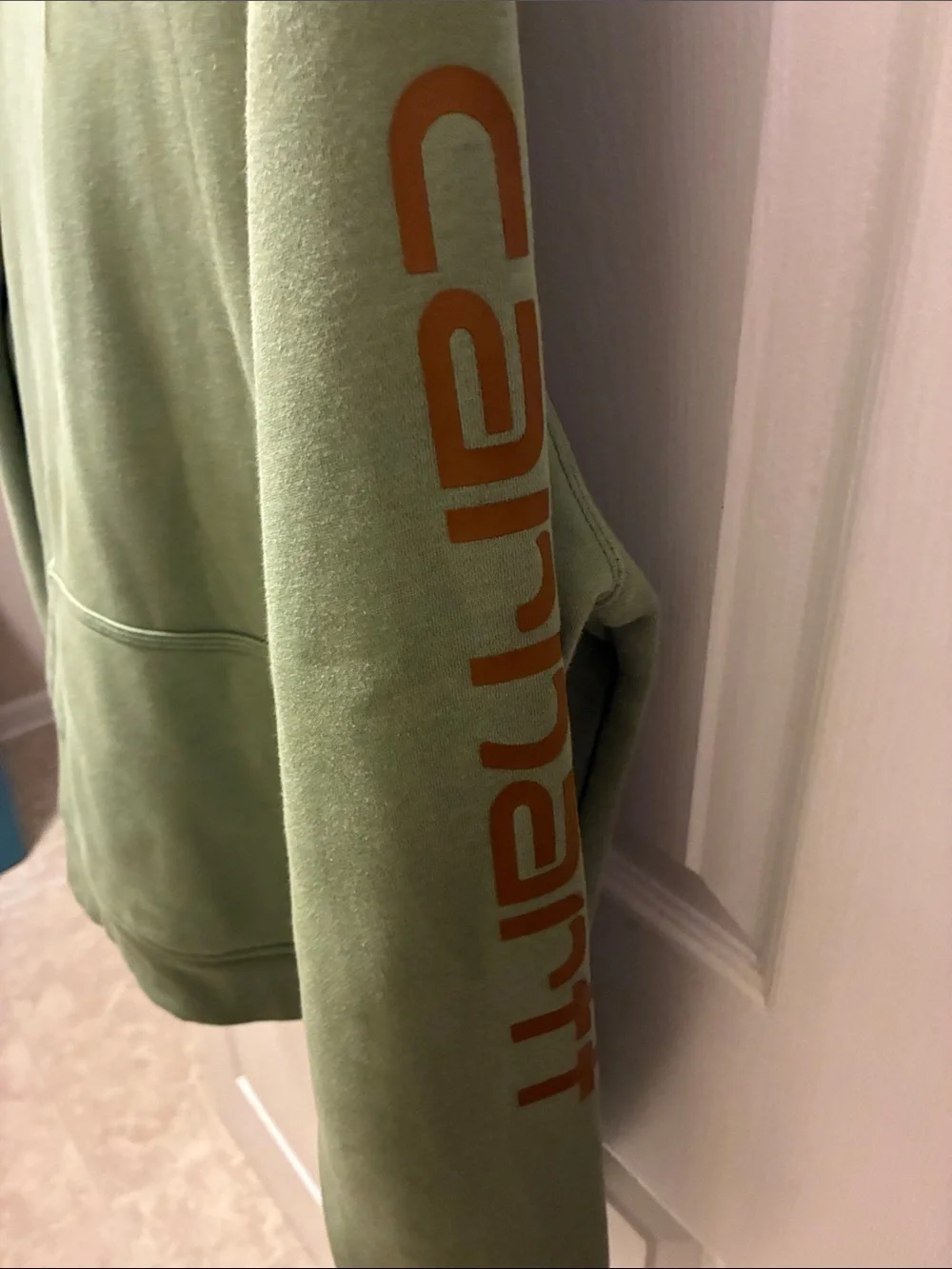 Carhartt Light Sage Green Crewneck Hoodie with Chest Logo built for outdoor